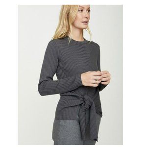 Gray Ribbed Tie-Front Sweater